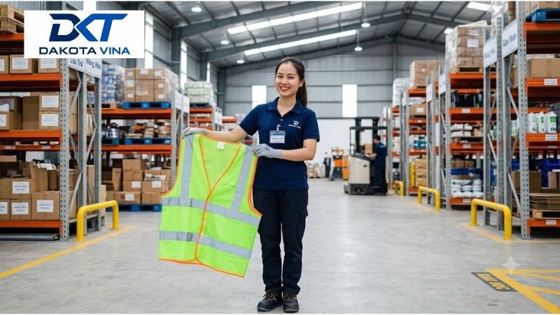 Ảnh nữ nhân viên mặc đồng phục Dakota Vina tươi cười giới thiệu chiếc áo phản quang bảo hộ màu xanh chuối. Áo làm bằng chất liệu lưới thoáng mát, gắn dải phản quang bản to siêu sáng, chuyên dùng đảm bảo an toàn cho công nhân làm việc ban đêm