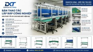 Một chiếc bàn thao tác công nghiệp có khung làm bằng các thanh nhôm định hình màu xám bạc vững chắc. Mặt bàn được dán lớp thảm cao su màu xanh lá cây. Phía trên bàn có hệ thống khung treo bảng tài liệu mica và một bóng đèn LED ống dài chiếu sáng thẳng xuống mặt bàn
