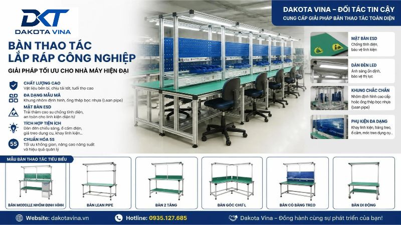 Một chiếc bàn thao tác công nghiệp có khung làm bằng các thanh nhôm định hình màu xám bạc vững chắc. Mặt bàn được dán lớp thảm cao su màu xanh lá cây. Phía trên bàn có hệ thống khung treo bảng tài liệu mica và một bóng đèn LED ống dài chiếu sáng thẳng xuống mặt bàn