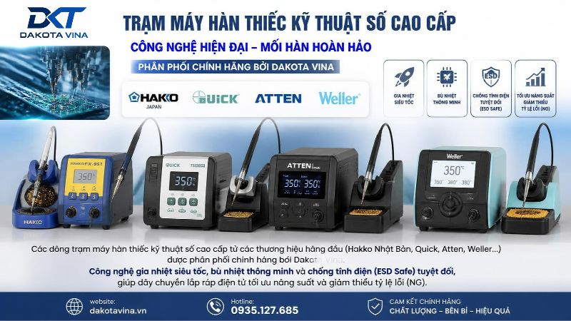 Nhiều mẫu trạm máy hàn thiếc kỹ thuật số công nghiệp từ các thương hiệu Hakko và Quick được đặt ngay ngắn trên mặt bàn kỹ thuật. Các máy có màn hình LED hiển thị nhiệt độ, đi kèm tay cầm mỏ hàn và đế gác bằng kim loại, thiết kế chống tĩnh điện chuyên dùng cho nhà máy điện tử