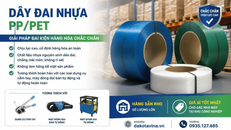 Dây đai nhựa PP và PET đóng gói kiện hàng Dakotavina
