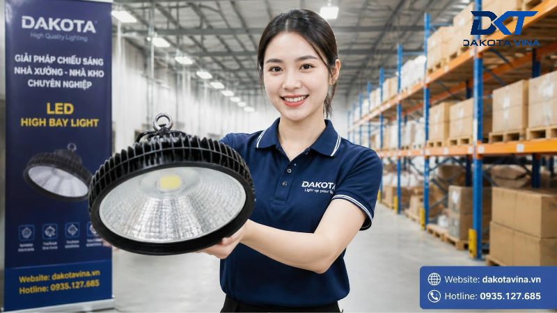 Một chiếc đèn chiếu sáng nhà xưởng hình tròn với phần thân trên làm bằng hợp kim nhôm đúc màu đen có nhiều khe rãnh tản nhiệt, phía trên có móc treo kim loại. Mặt dưới đèn là cụm chip LED phát sáng kết hợp với một chóa phản quang bằng nhôm sáng bóng bao quanh
