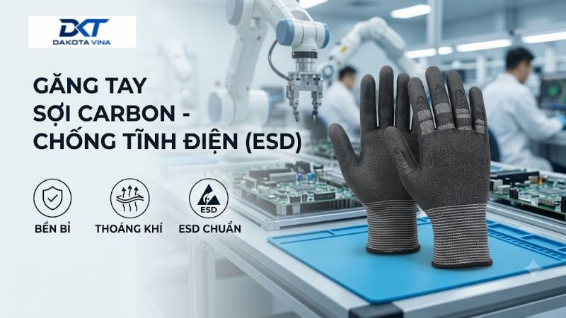 Găng tay sợi carbon chống tĩnh điện phủ PU chuyên dụng cho phòng sạch và nhà máy điện tử