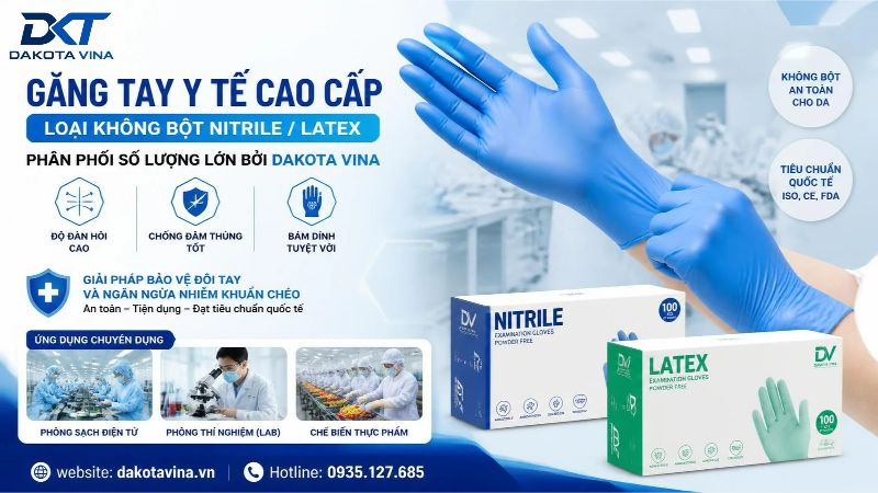 Hộp găng tay y tế Nitrile không bột màu xanh dương chuyên dụng cho phòng sạch và chế biến thực phẩm. Hộp giấy hình chữ nhật dạng rút, bên cạnh là một vài chiếc găng tay cao su tổng hợp siêu dai, ôm sát tay và có đầu ngón nhám