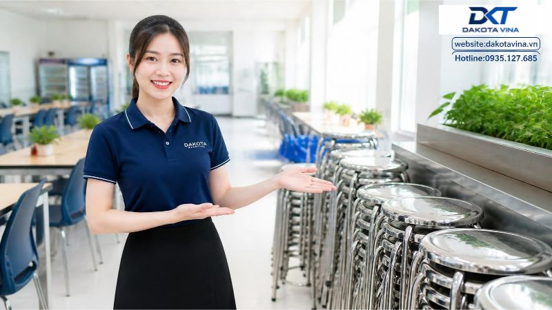 Ghế đôn inox Hòa Phát mặt tròn sáng bóng, khung chân thép chắc chắn có bọc nút cao su chống trượt. Các ghế được xếp chồng gọn gàng, chuyên dùng cho nhà ăn công nghiệp, canteen và khu vực dây chuyền sản xuất