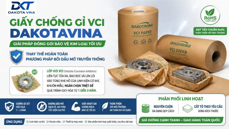 Giấy chống gỉ VCI đóng gói bảo vệ linh kiện cơ khí Dakotavina