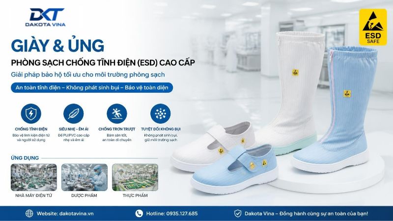Giày và ủng phòng sạch chống tĩnh điện ESD màu trắng. Thiết kế đế PU siêu nhẹ, không bụi, dùng cho nhà máy điện tử và phòng sạch