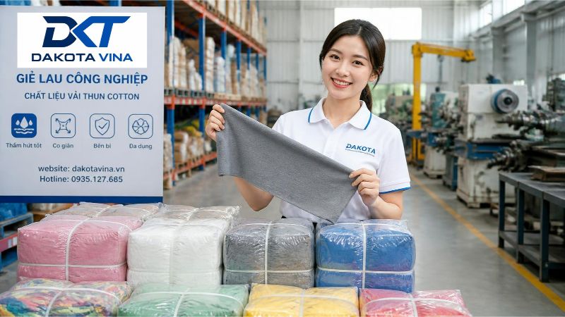 Một kiện giẻ lau công nghiệp lớn gồm nhiều miếng vải thun cotton đa màu sắc (xanh, đỏ, xám, trắng) được đóng gói chặt chẽ. Các miếng vải được cắt gọt vừa vặn cỡ bàn tay, bề mặt chất liệu thun mềm mại, chuyên dùng để lau chùi dầu mỡ và vệ sinh máy móc