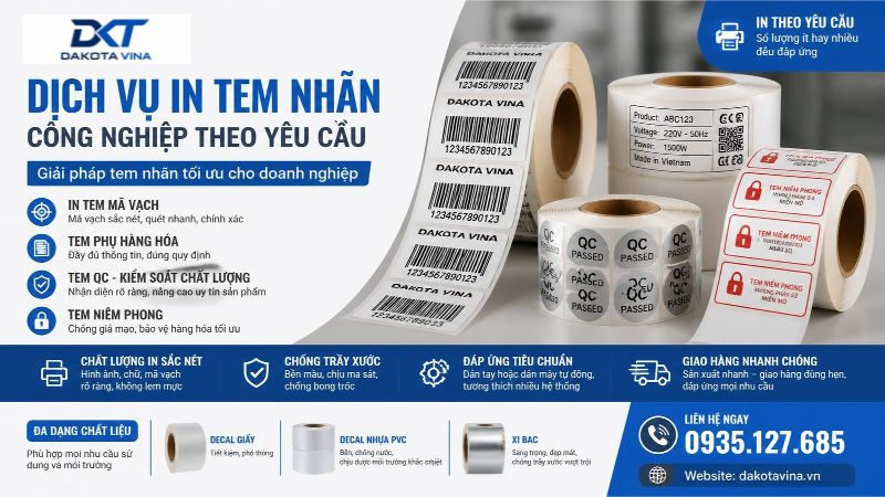 Các cuộn tem nhãn mã vạch, tem phụ sản phẩm và tem cảnh báo công nghiệp với đa dạng kích thước, được in ấn sắc nét trên chất liệu decal giấy, nhựa PVC và decal xi bạc, bo góc bế định hình theo yêu cầu