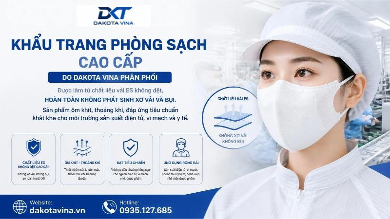 Khẩu trang phòng sạch 3 lớp cao cấp, không xơ vải, chuyên dụng cho nhà máy điện tử của Dakota Vina