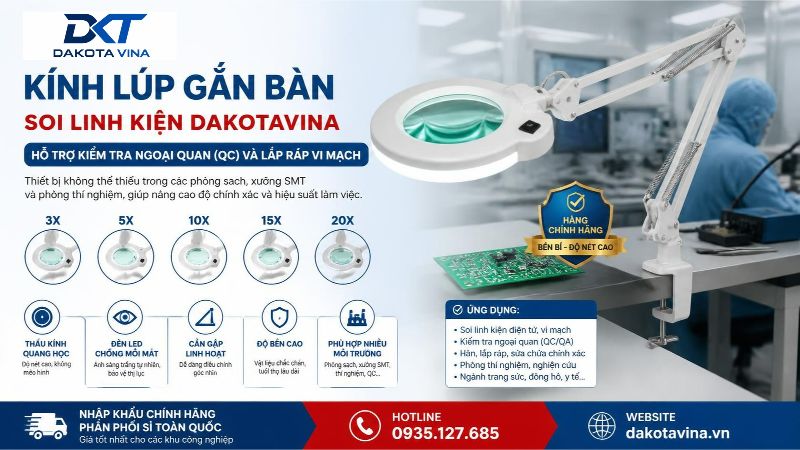 Kính lúp gắn bàn soi linh kiện điện tử vòng đèn LED Dakotavina