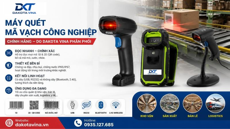 Máy quét mã vạch và đầu đọc mã vạch công nghiệp cầm tay không dây, giải mã chuẩn 1D và 2D (QR code), thiết kế vỏ nhựa chống sốc, chịu va đập chuyên dụng cho hệ thống quản lý kho bãi và logistics