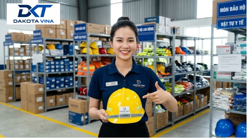 Ảnh nữ nhân viên mặc đồng phục Dakota Vina tươi cười giới thiệu mũ bảo hộ lao động màu vàng. Vỏ mũ bằng nhựa ABS/HDPE chịu lực cao, thiết kế có núm vặn điều chỉnh, chuyên dùng bảo vệ an toàn cho công nhân xây dựng và nhà máy