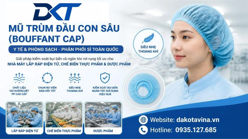 Một bịch mũ trùm đầu con sâu bằng vải không dệt màu xanh dương nhạt. Xung quanh là các chiếc mũ đang được kéo giãn bung ra, để lộ phần viền bo chun đàn hồi, chuyên dùng để trùm kín tóc cho công nhân xưởng sản xuất.