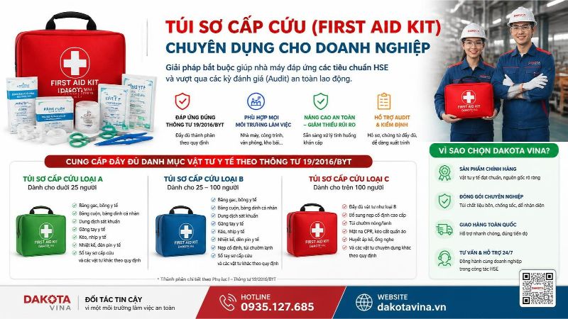 Một chiếc túi sơ cấp cứu hình hộp chữ nhật làm bằng vải dù màu đỏ, mặt trước in biểu tượng chữ thập y tế màu trắng. Túi đang mở khóa, bên trong có nhiều ngăn lưới chứa các vật tư y tế như cuộn băng gạc, bông, chai cồn sát trùng và kéo