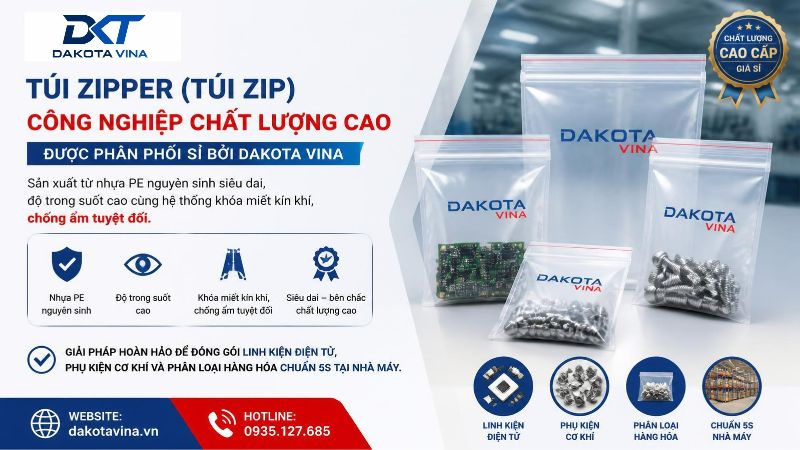 Các loại túi zipper công nghiệp (túi zip chỉ đỏ) bằng nhựa PE trong suốt với nhiều kích thước khác nhau. Miệng túi có đường khóa miết chắc chắn, bên trong đang chứa các linh kiện cơ khí và ốc vít, chuyên dùng cho đóng gói phân loại tại nhà máy