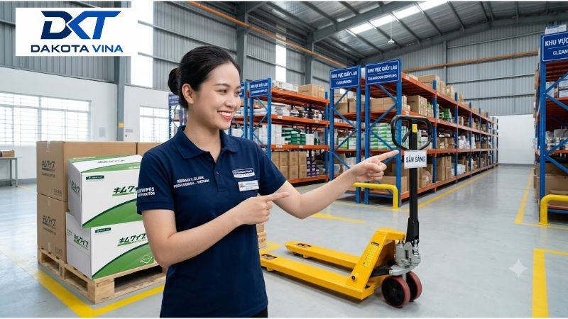 Ảnh nữ nhân viên mặc đồng phục Dakota Vina tươi cười giới thiệu xe nâng tay thủy lực công nghiệp. Xe nâng có càng thép chịu tải trọng cao, bánh xe PU êm ái, chuyên dụng kéo pallet hàng hóa trong kho bãi và xưởng sản xuất chuẩn 5S.